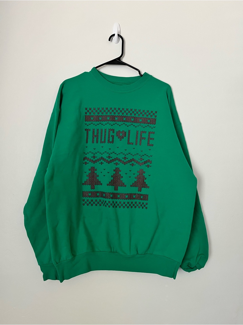 Ugly Christmas Green Crewneck Sweater with Dark Red 'Thug Life' Graphic